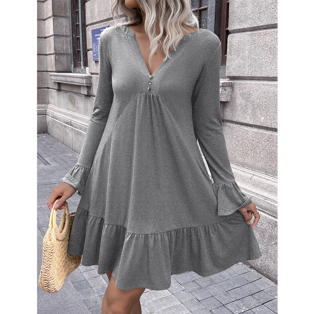 Damen lockeres Kleid mit schmeichelndem V-Ausschnitt und Glockenärmeln EB