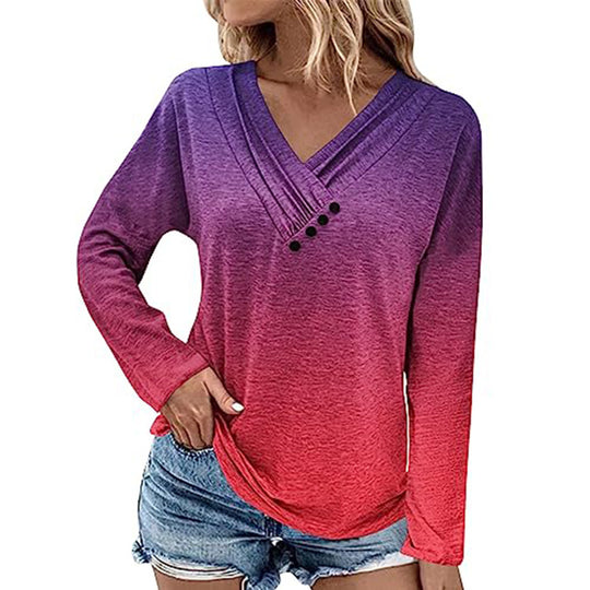 Damen Gerippter V-Ausschnitt Pullover mit Farbverlauf, Zierknöpfen und legerer Passform EB