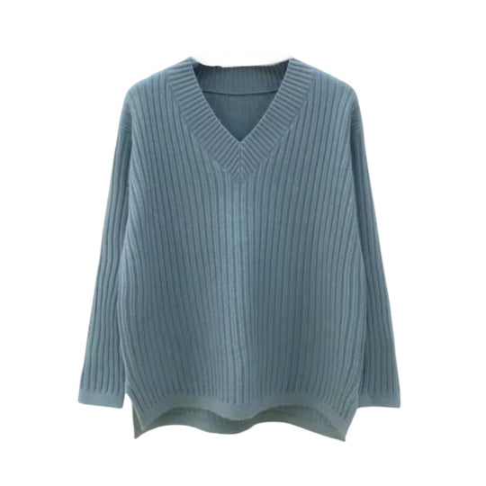 Damen V-Ausschnitt Strickpullover mit feiner Rippstruktur und lässigem Schnitt EB