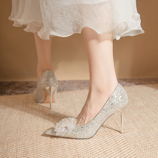 Damen Glamouröse Pumps mit funkelndem Strass und exquisite Blumenapplikation EB
