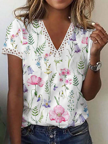 EB | Elegantes T-Shirt mit Kurzen Ärmeln und V-Ausschnitt Print für Damen