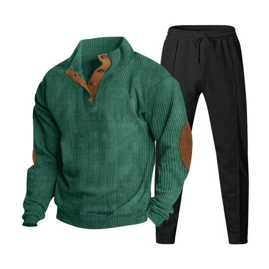 Herren Strukturiertes Henley-Loungewear-Set mit Ellenbogen-Patches & tapered Jogginghose EB
