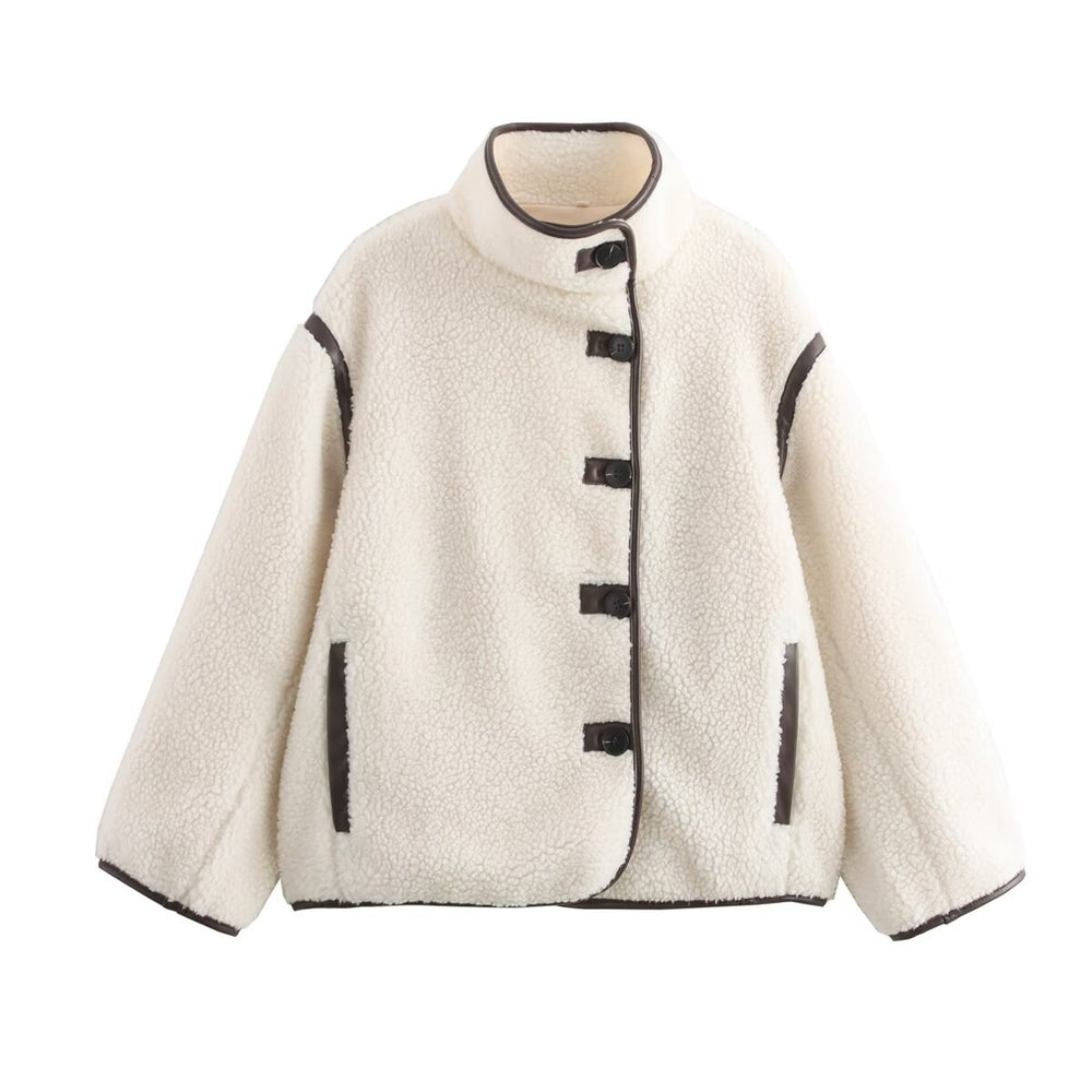 Damen Kuschelige Teddyjacke mit hohem Kragen und praktischen Eingrifftaschen EB