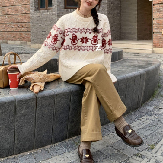 Damen Weihnachts-Pullover mit festlichem Zopfmuster und Schneemann-Motiv EB