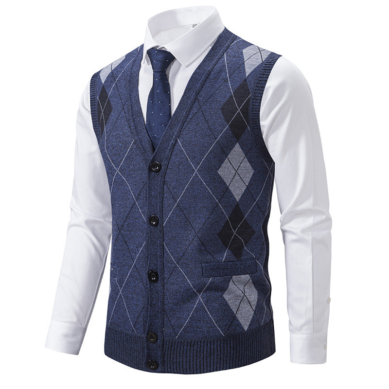Herren nan ärmellose Strickweste mit Argyle-Muster, Teddyfutter und durchgehender Knopfleiste EB