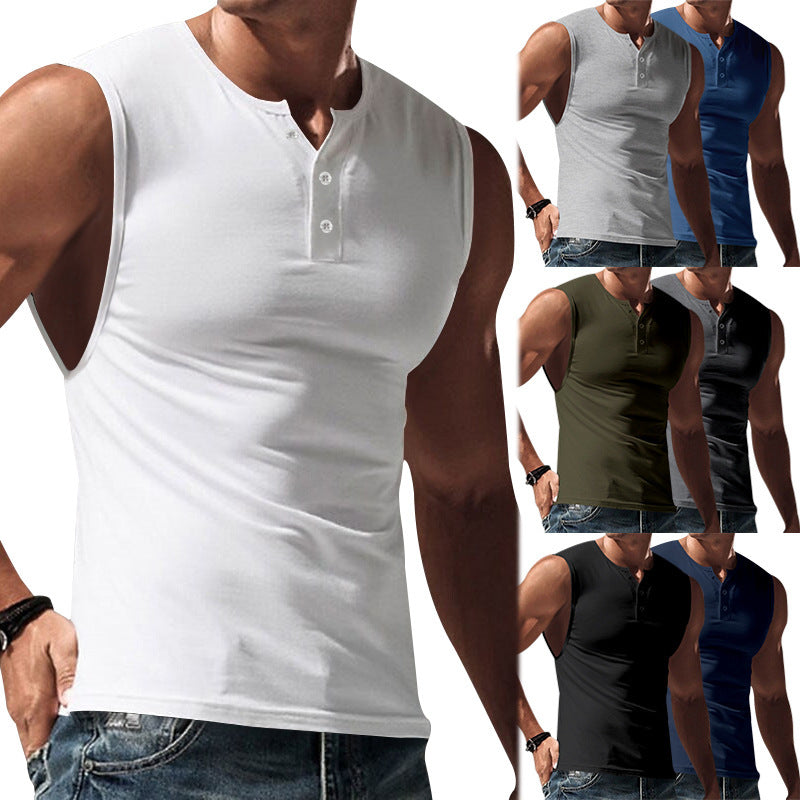 Herren nan ärmelloses Muskelshirt mit Henley-Knopfleiste, tiefem Armausschnitt und elastischem Baumwollmix EB