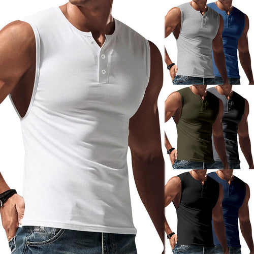 Herren nan ärmelloses Muskelshirt mit Henley-Knopfleiste, tiefem Armausschnitt und elastischem Baumwollmix EB