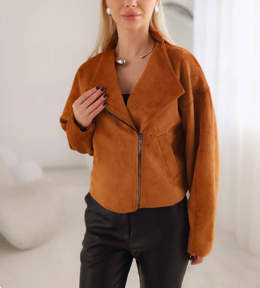 Damen Trendige Kurzjacke im lässigen Biker-Stil mit asymmetrischem Reißverschluss und tiefem Kragen EB