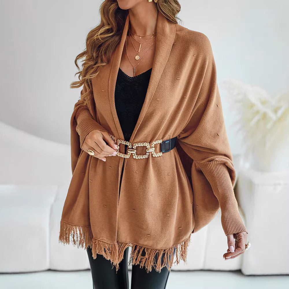 Damen Fransen‑Poncho‑Cardigan mit dekorativem Taillengürtel und Rippbündchen EB