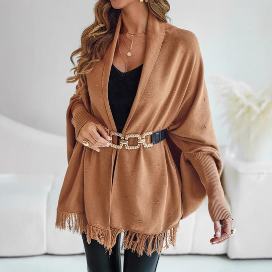 Damen Fransen‑Poncho‑Cardigan mit dekorativem Taillengürtel und Rippbündchen EB