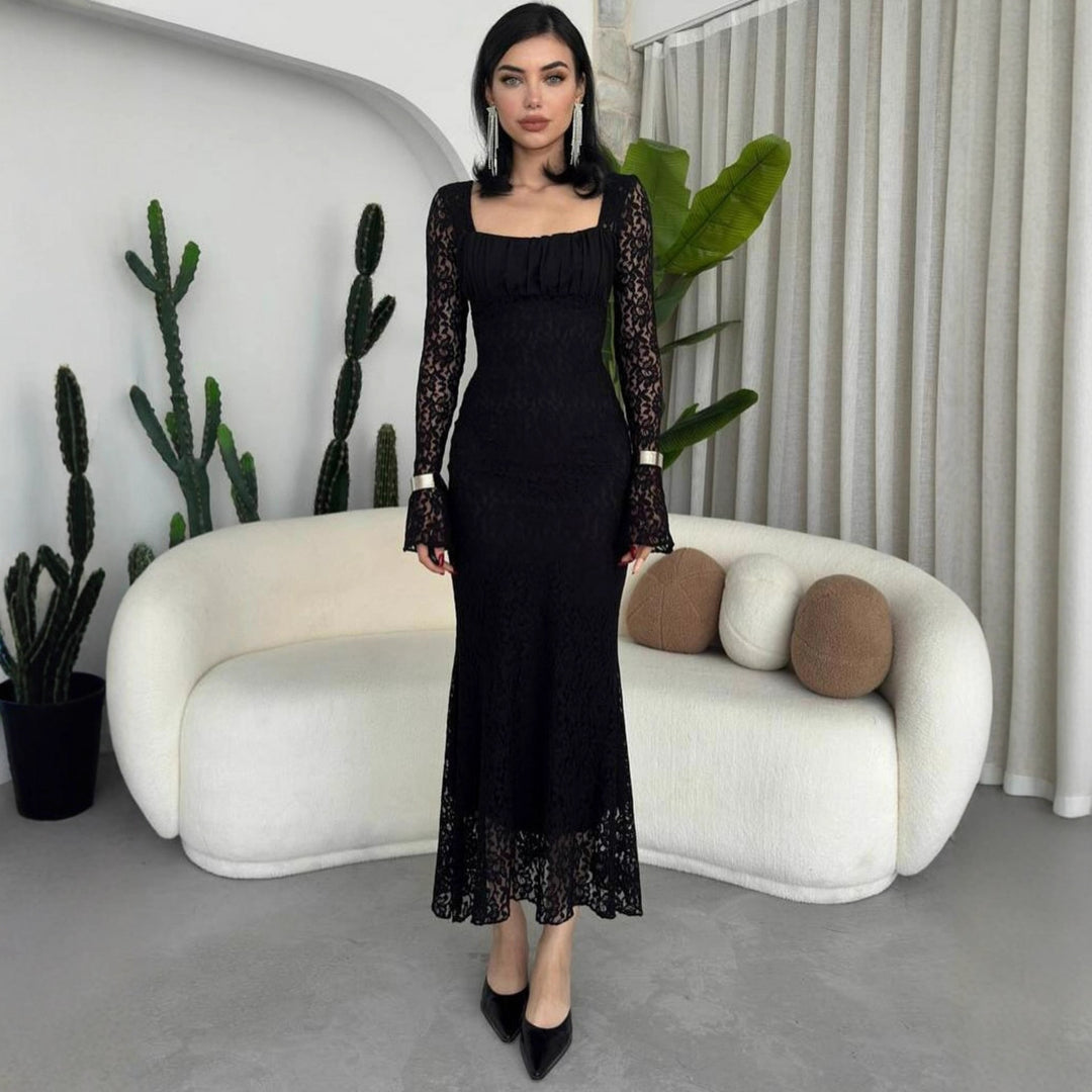 Damen elegantes Spitzenkleid mit langem Arm und figurbetontem Schnitt EB
