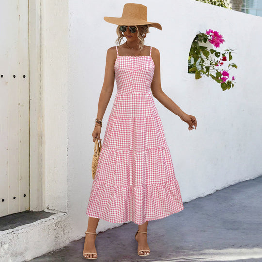 Damen Maxikleid im karierten Design mit Taillenakzent und Rüschensaum EB