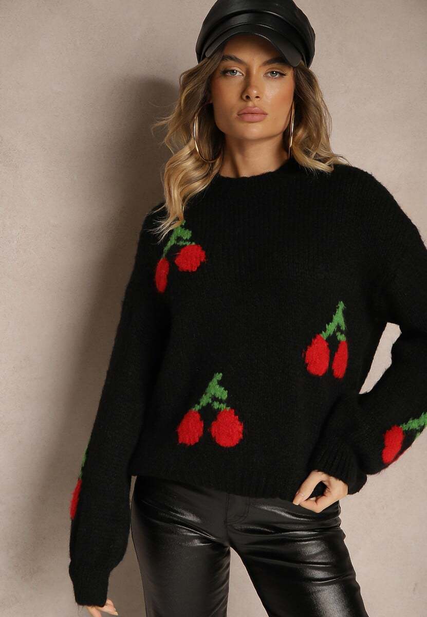 Damen Strickpullover mit fruchtigem Kirschmotiv und lässigem Schnitt EB