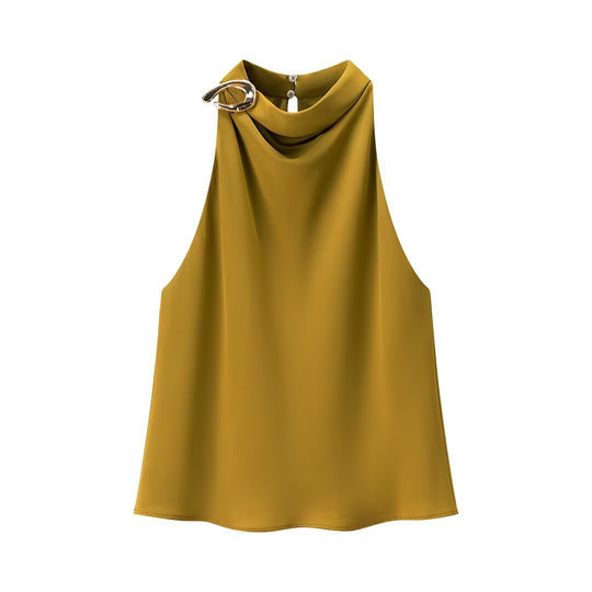 Damen Seidenbluse mit asymmetrischem Kragen und dekorativem Ring EB