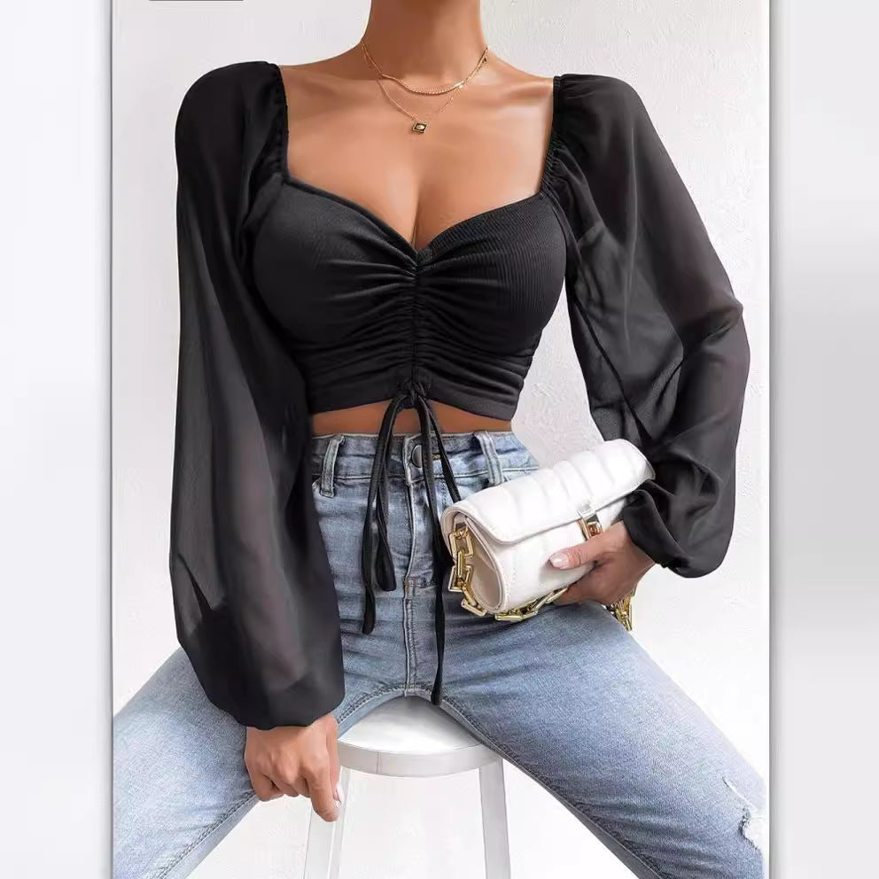 Damen Crop-Top mit strukturiertem Körper und eleganten Puffärmeln EB