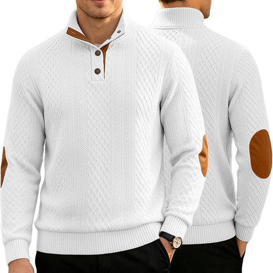 Herren Kabelstrick Troyer Pullover mit Stehkragen und Lederoptik-Ellbogen-Patches EB
