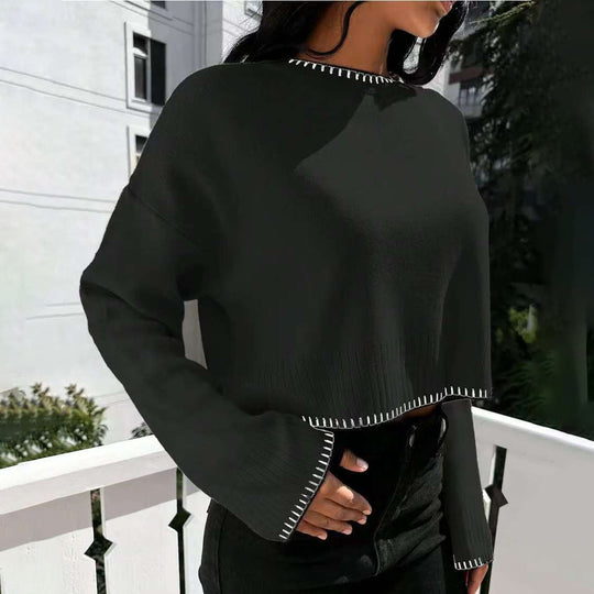 Damen lässiger Cropped Pullover mit feiner Rippstruktur und elastischem Bund EB
