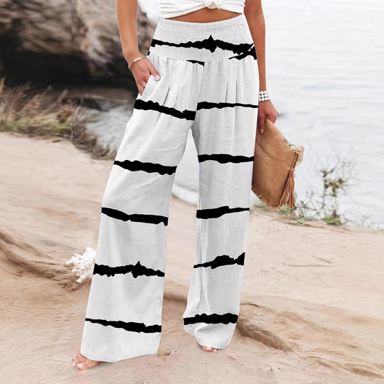 Damen Luftige Sommerhose mit seitlichen Taschen und modischem Streifenmuster EB