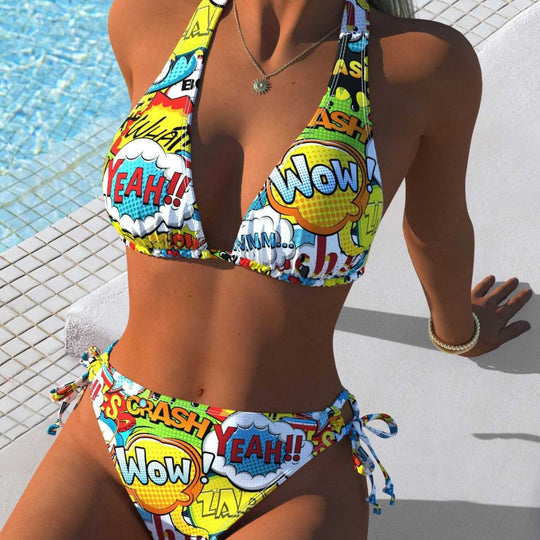 Damen Triangel-Bikini mit kreativem Comic-Print und verstellbaren seitlichen Bindebändern EB
