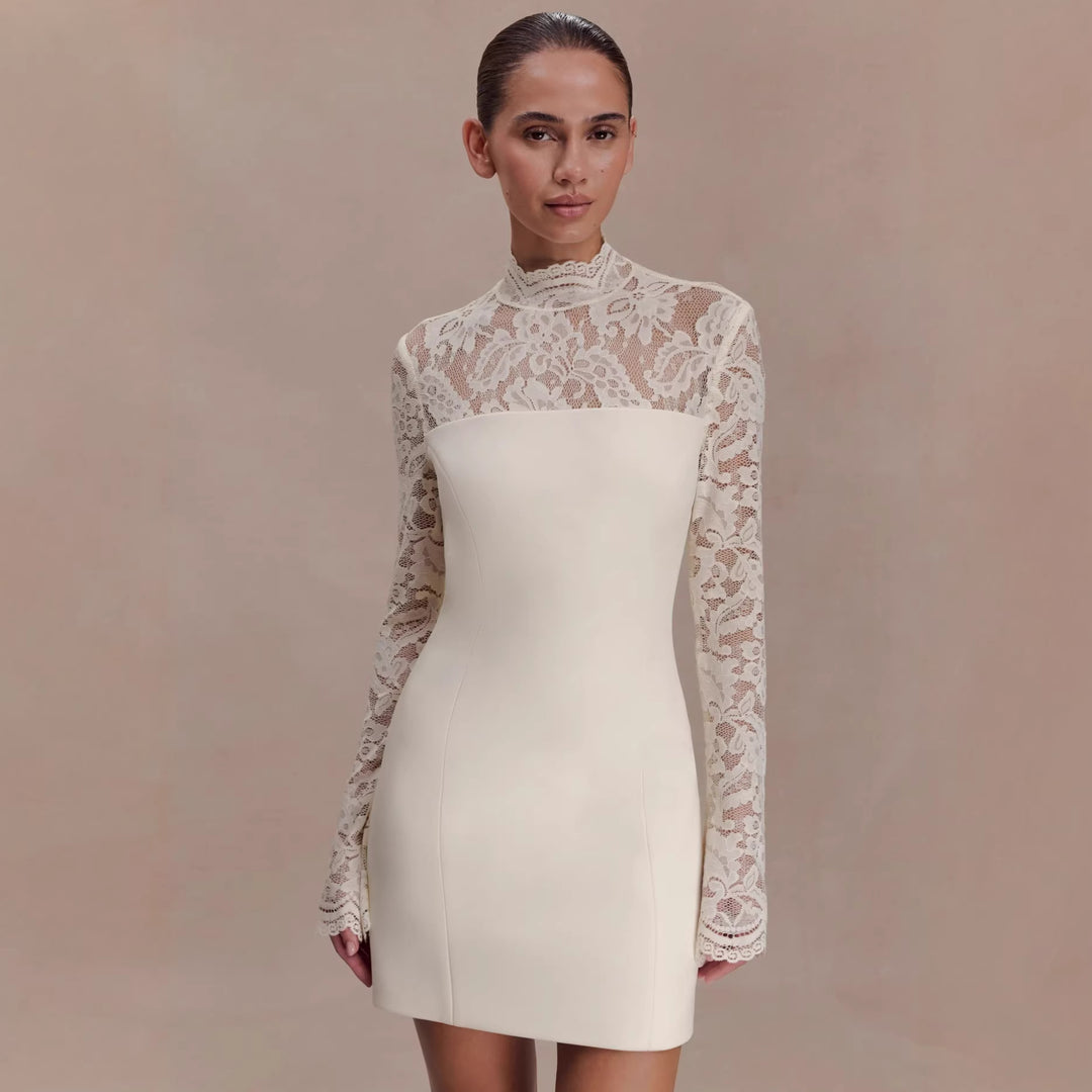 Damen Elegantes Minikleid mit Spitzenoberteil und hochgeschlossenem Kragen EB