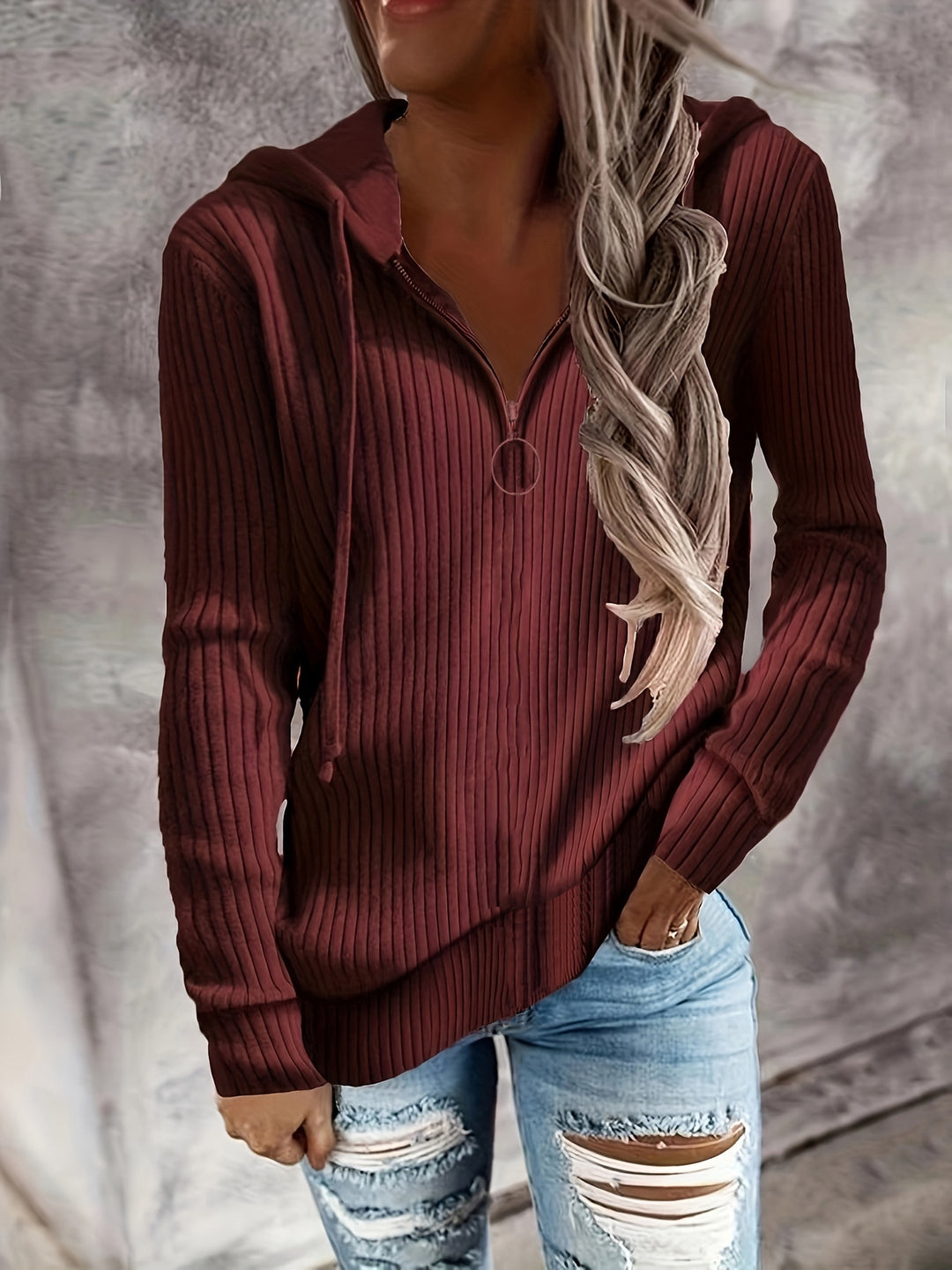 Damen Zip-Hoodie mit strukturiertem Rippdesign und durchgehendem Reißverschluss EB