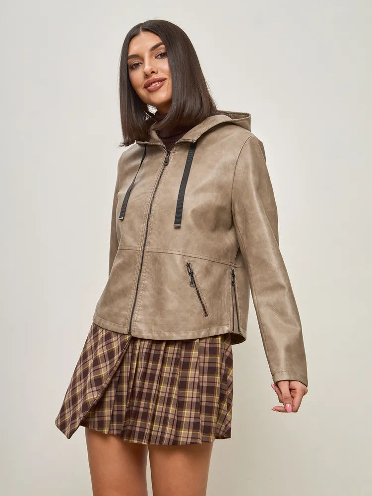 Damen modische Kunstlederjacke mit Kapuze und Reißverschlusstaschen EB