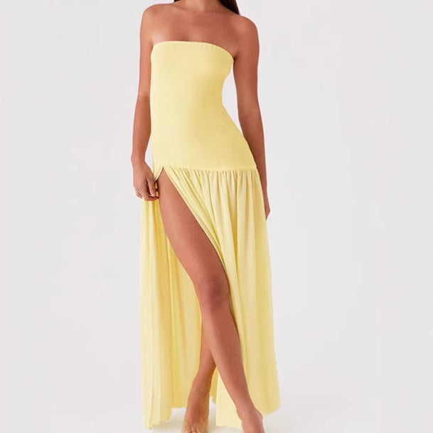 Damen Elegantes trägerloses Maxikleid mit hohem Schlitz und fließendem Stoff EB