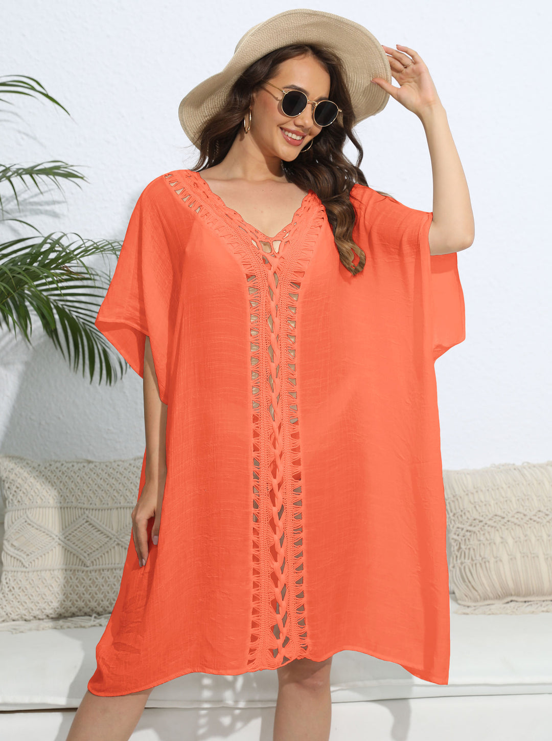 Damen luftiger Kaftan mit filigranem Häkelmuster EB