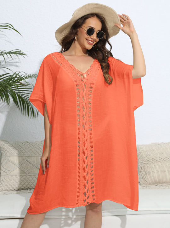 Damen luftiger Kaftan mit filigranem Häkelmuster EB