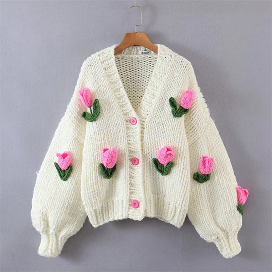 Damen Strickjacke mit floralem Design und oversized Schnitt EB