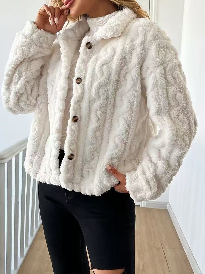 Damen Plüschjacke mit Knopfverschluss und gestreiftem Strukturdesign EB