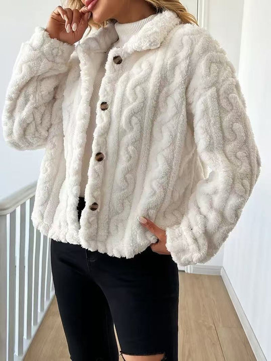 Damen Plüschjacke mit Knopfverschluss und gestreiftem Strukturdesign EB