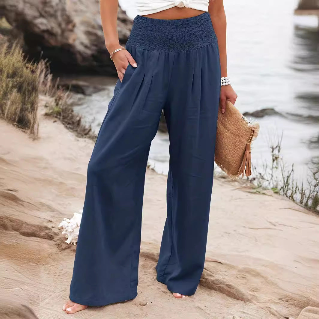 Damen Weite Leinenhose mit elastischem Bund und Falten EB
