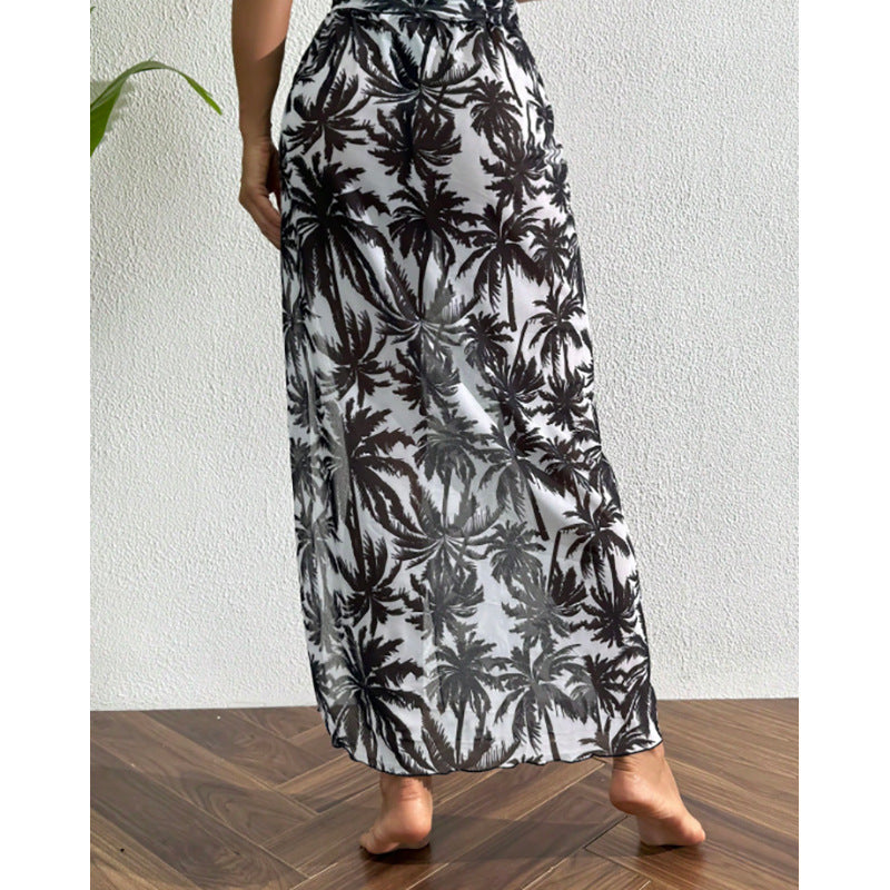 Damen Maxi-Transparentrock mit tropischem Palmenmuster EB
