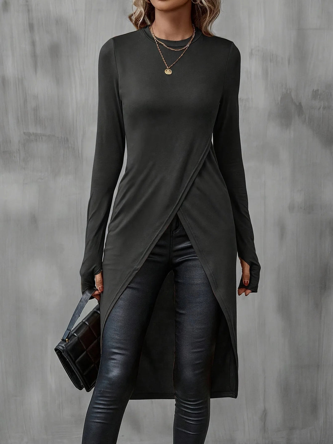 Damen Langes asymmetrisches Wickel-Tunika-Top mit Frontschlitz EB