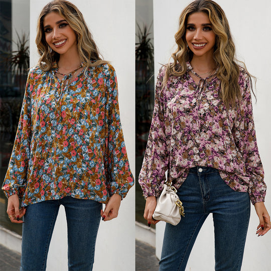 Damen lässige Bluse mit floralen Mustern und eleganten Rüschendetails EB