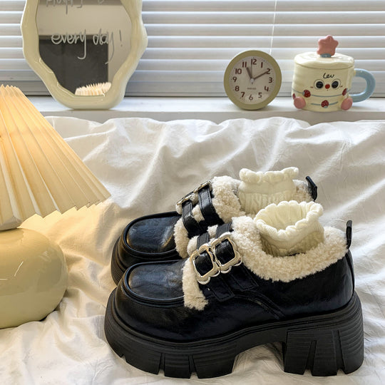 Damen modische Stiefel mit flauschigem Innenfutter und robustem Blockabsatz EB