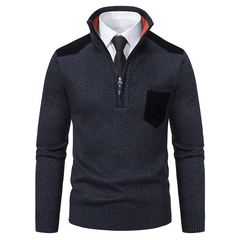 Herren nan Feinstrick-Halbzip-Pullover mit Stehkragen, Brusttasche und Schulterbesatz EB