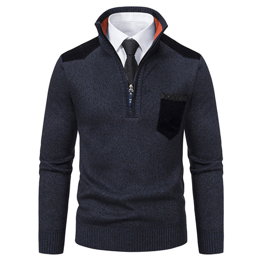 Herren nan Feinstrick-Halbzip-Pullover mit Stehkragen, Brusttasche und Schulterbesatz EB