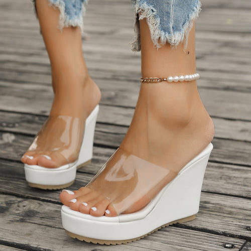 Damen nan transparente Mules mit PVC-Deckriemen, hohem Keilabsatz und rutschfester Laufsohle EB
