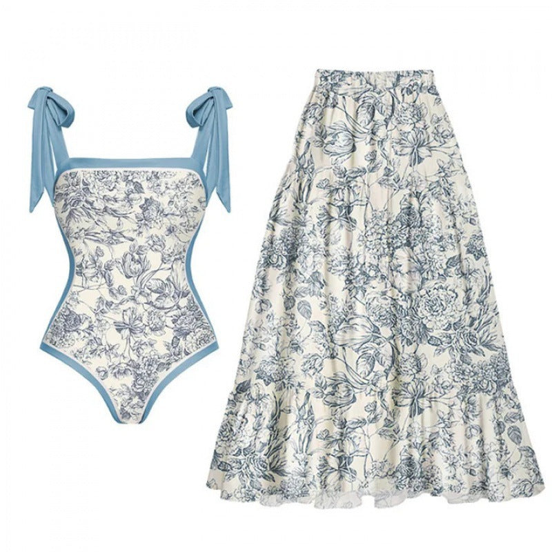 Damen Badeanzug-Set mit elegantem Wickelrock und modischen Schleifen EB