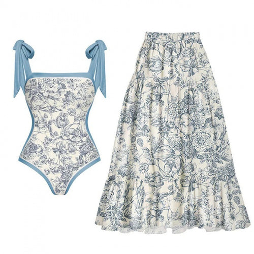 Damen Badeanzug-Set mit elegantem Wickelrock und modischen Schleifen EB