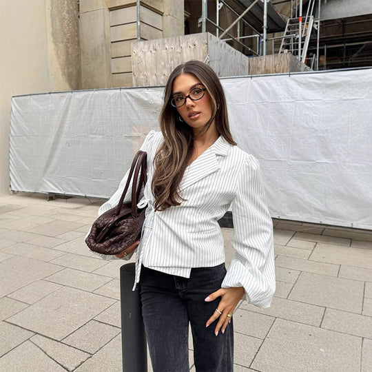 Damen elegante Taillierte Bluse mit voluminösen Ärmeln EB