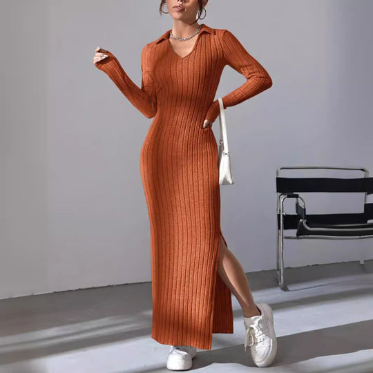 Damen Langarm Maxikleid mit V-Ausschnitt und seitlichem Schlitz EB