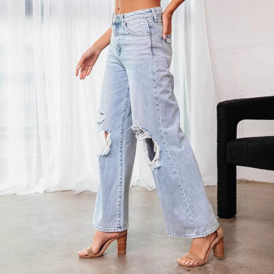 Damen Weit geschnittene Jeans mit modischen Rissen und lässigem Schnitt EB