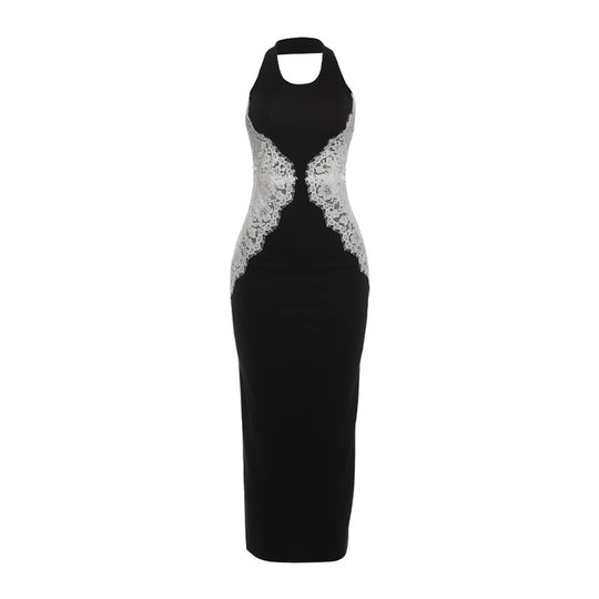 Damen Elegantes Spitzen-Maxikleid mit tiefem Schlüssel-Ausschnitt und figurformendem Design EB