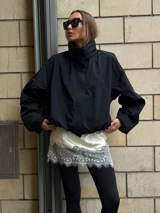 Damen lässige oversized Jacke mit hohem Kragen und verstellbarem Verschluss EB