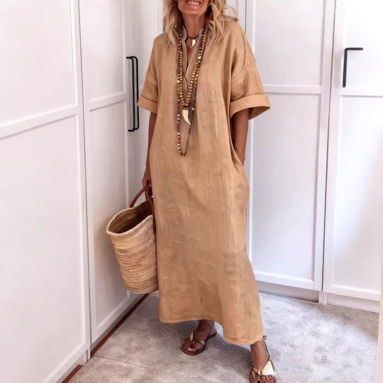 Damen Leinen Maxikleid mit V-Ausschnitt und praktischen Taschen EB