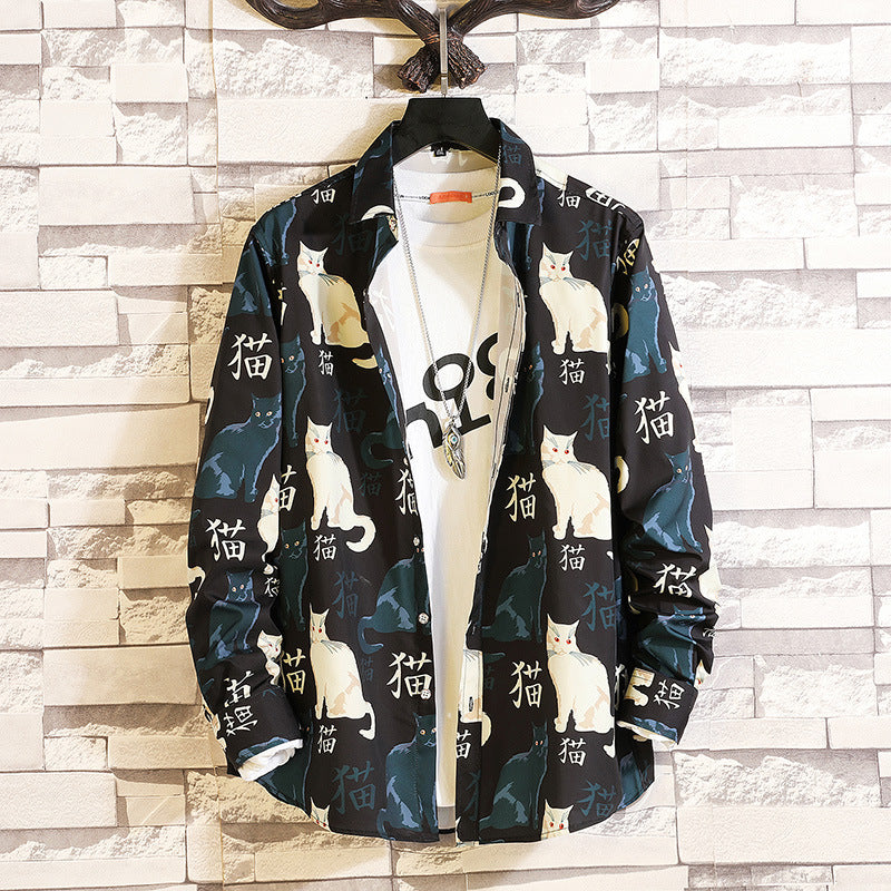 Herren nan langärmliges Hemd mit offenem Reverskragen, kontrastivem Blumenprint und lässiger Regular-Fit Silhouette EB