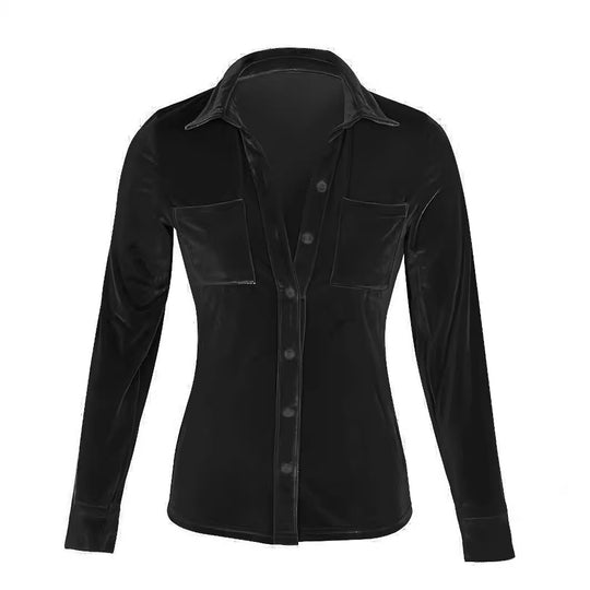 Damen Satinbluse mit verführerischem V-Ausschnitt und praktischen Brusttaschen EB